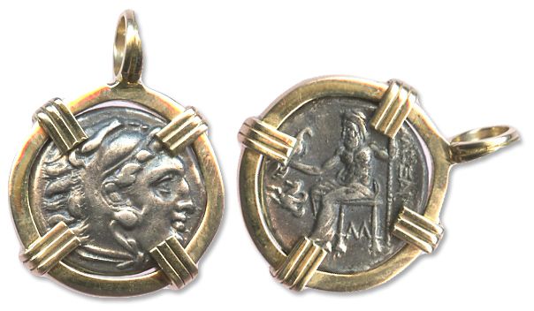   BC, Alexander the Great on obverse, Zeus on reverse, mounted in 14K