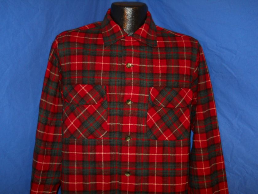   50s PENDLETON LOOP COLLAR WOOL RED PLAID MENS BUTTON DOWN SHIRT MED M