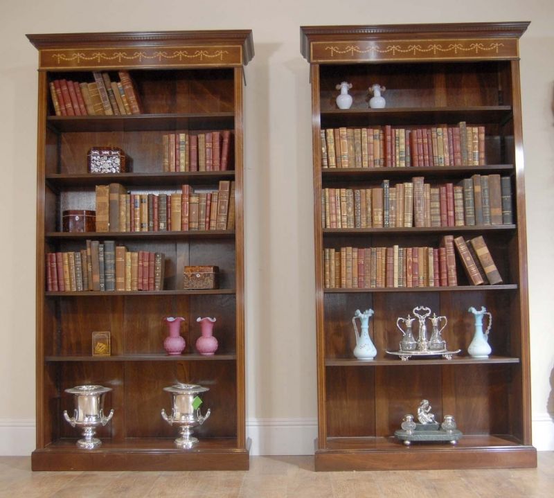 Pair English Sheraton Mahogany Openfront Bookcases  