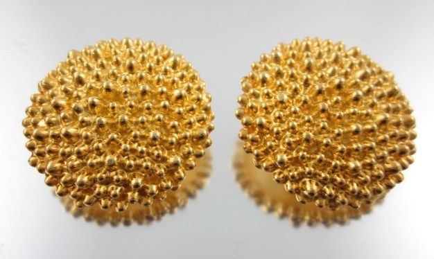 NATORI Vntg Gold Tone Granulated Disc Clip Earrings  