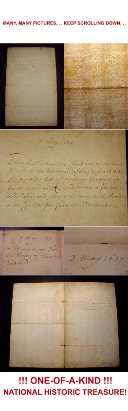 1637 MANUSCRIPT CHARTER OF NEW ENGLAND Antique Americana Tea Party 