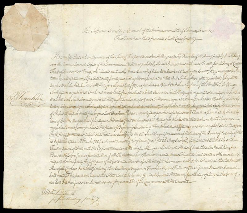 BENJAMIN FRANKLIN   LAND GRANT SIGNED 05/24/1787  