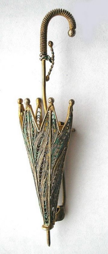 VINTAGE UMBRELLA BROOCH ENAMEL FILLIGREE GOLD LACE  