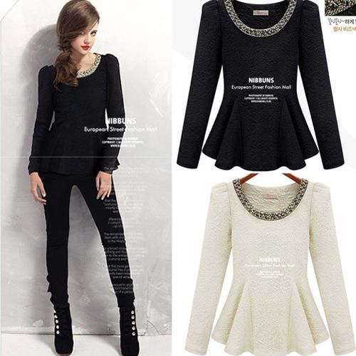 CREW NECK BEADED PUFF SLEEVE PEPLUM TOP 2320  