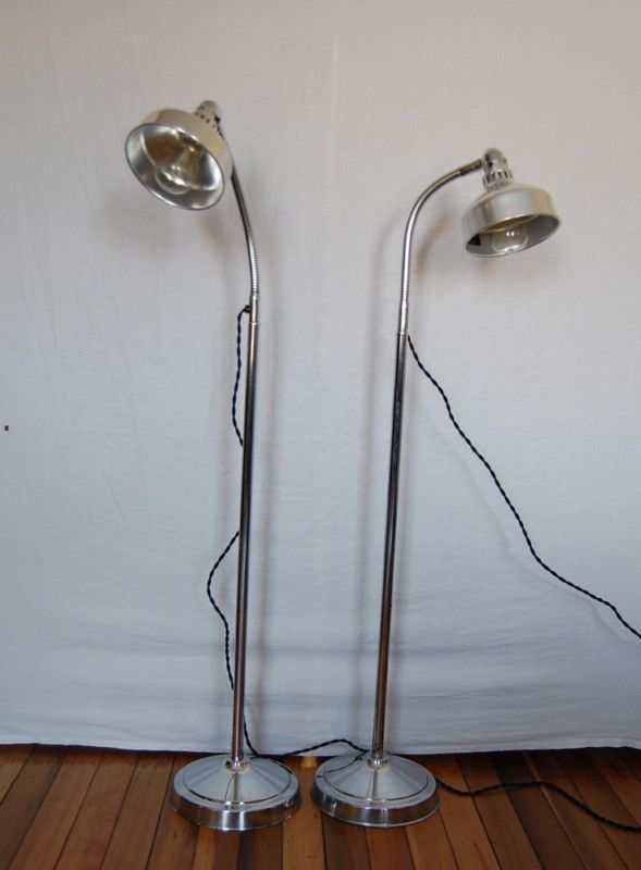 Pair Industrial Antique Adjustable Medical Floor Lamps  
