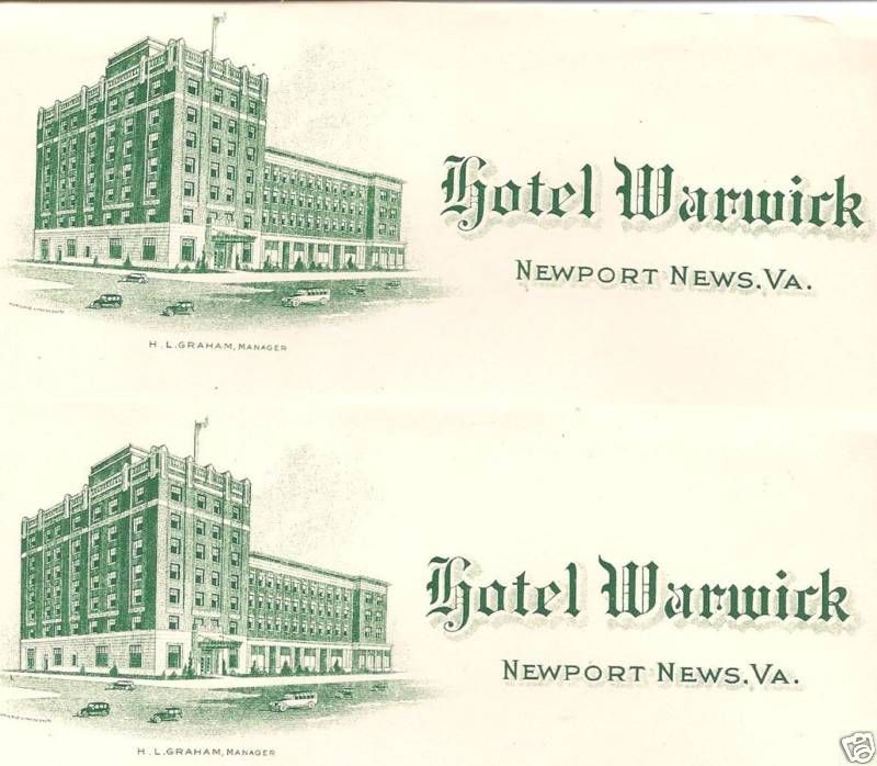 1950s Hotel Warwick, Newport News, Virginia VA Stationery Unused 