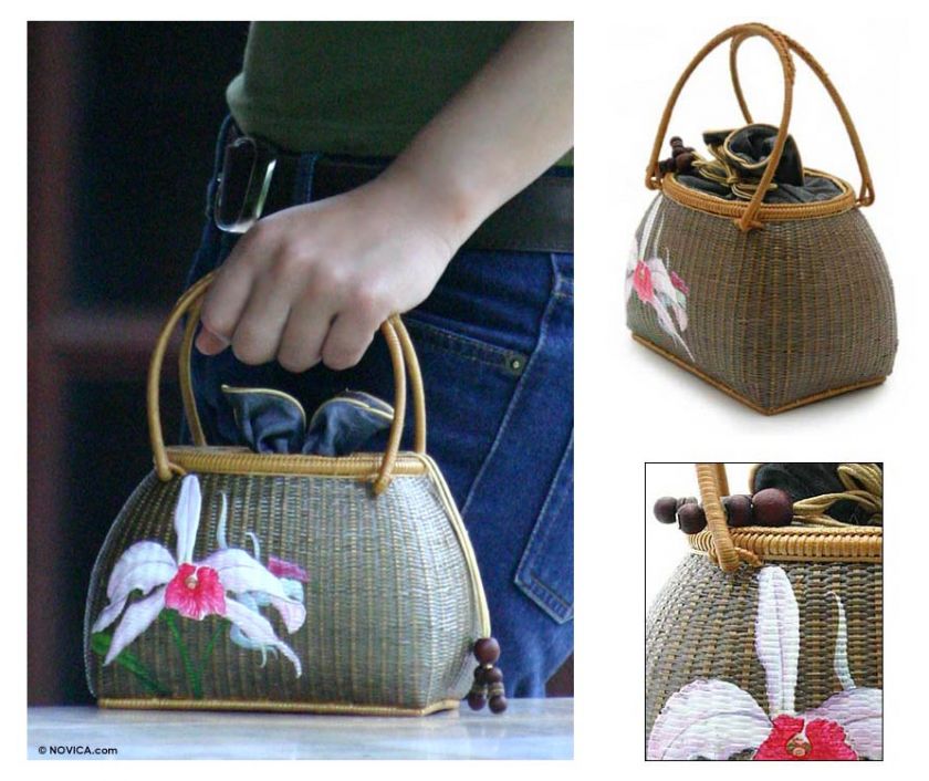 WHITE ORCHID Hand Woven BAMBOO SILK HANDBAG Thai style  