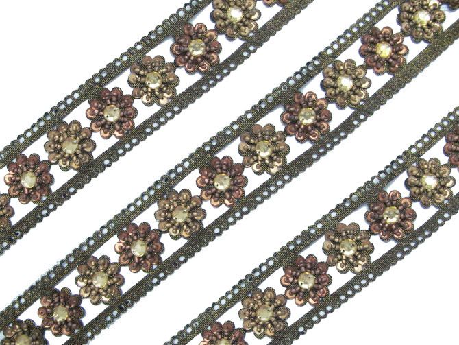 YD METALLIC CUT WORK BEADED TRIM STONE RIBBON CRFAT S  