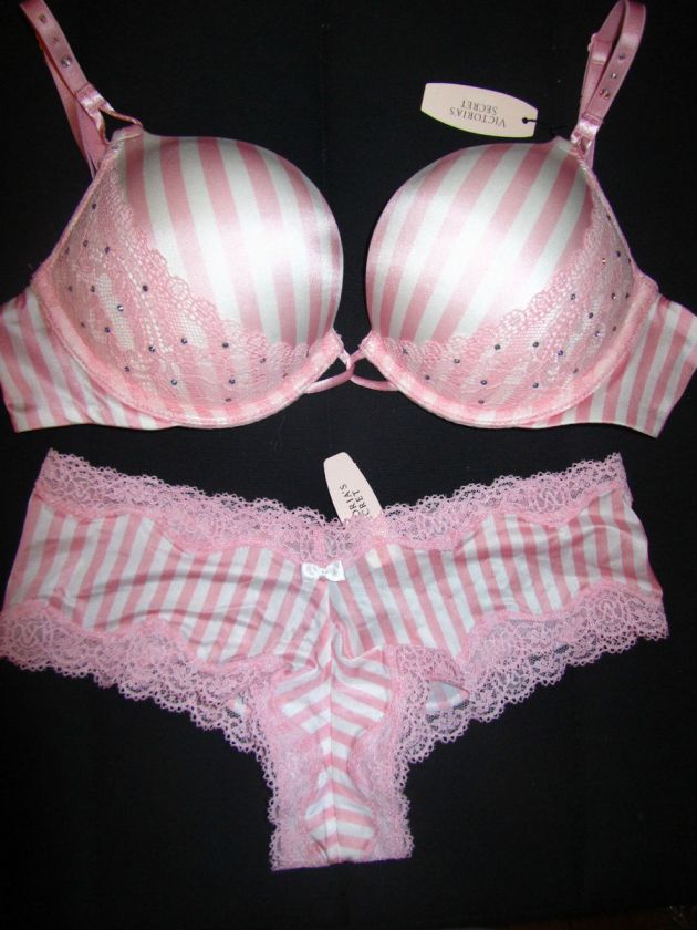   Secret MIRACULOUS Push Up Crystal Lace Bra Set PINK Stripe 32C 34A