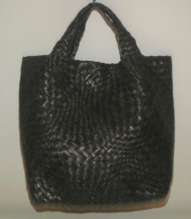 FALORNI HANDBAG BLACK WOVEN GOAT LEATHER N/S BUCKET TOTE CRAFTED ITALY 