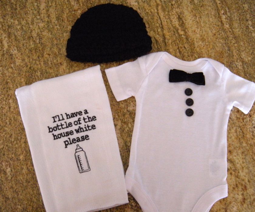 BABY BOY TUXEDO ONESIE, HAT & FUNNY BURPCLOTH 3 PC SET  