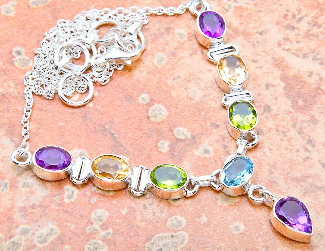 MULTI GEMSTONE .925 SILVER NECKLACE 18 3/8  