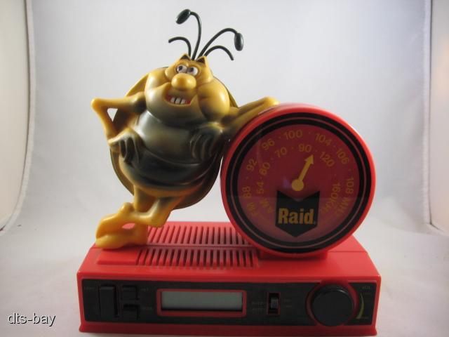 RARE WORKING VINTAGE RAID BUG ADVERTISING TRANSISTOR AM/FM/CLOCK RADIO 