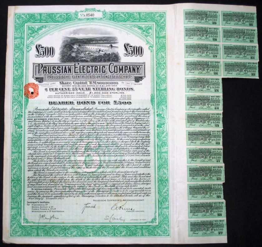 1928 Germany Prussian Electric Company   Bearer Bond  