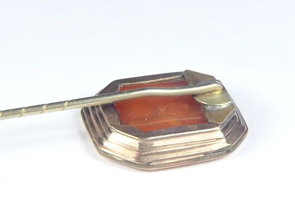 ANTIQUE GEORGIAN ENGLISH 9K GOLD CARNELIAN SEAL INTAGLIO STICKPIN ZEUS 