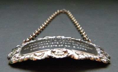 Vander Solid Sterling Silver Decanter Label Presented to C.J.Dace 