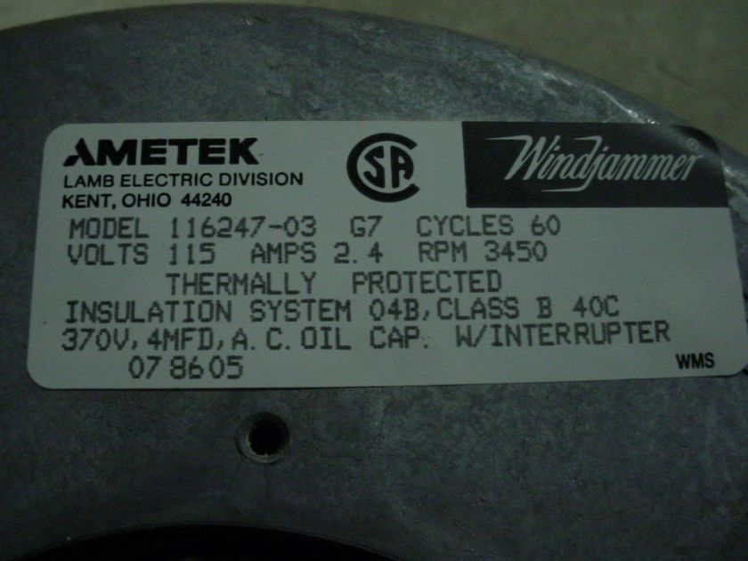 AMETEK WINDJAMMER BLOWER MOTOR, MODEL 1116247 03  