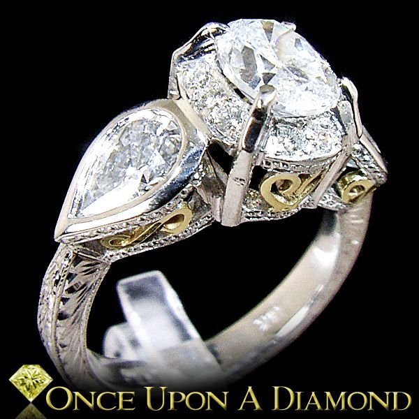 Platinum & 18K Gold 2.16ctw E SI Oval & Pear Cut Diamond 3 Stone 