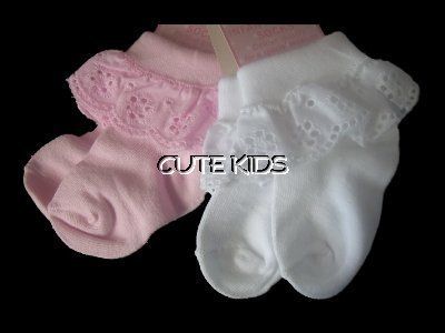 Baby Girls Frilly Socks Broderie Anglais Lace Frill Pink or White NEW 