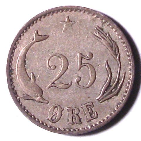 DENMARK 1891 SILVER 25 ORE VF Ugly Toning  