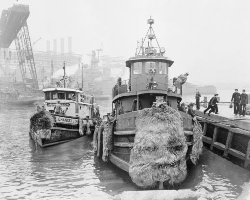 1946 February. photo U.S. Navy tugboat docks at th  