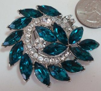 Vintage Large Weiss Rich Blue Navette & Clear Chaton Rhinestone 2 