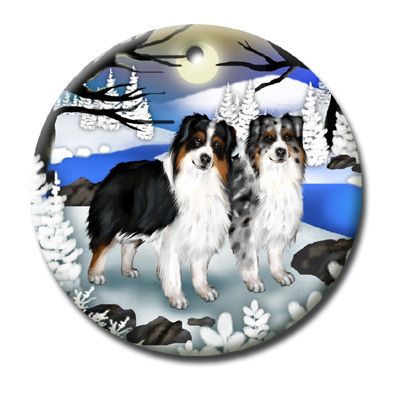 AUSTRALIAN SHEPHERD DOGS HANDMADE PORCELAIN ORNAMENT  