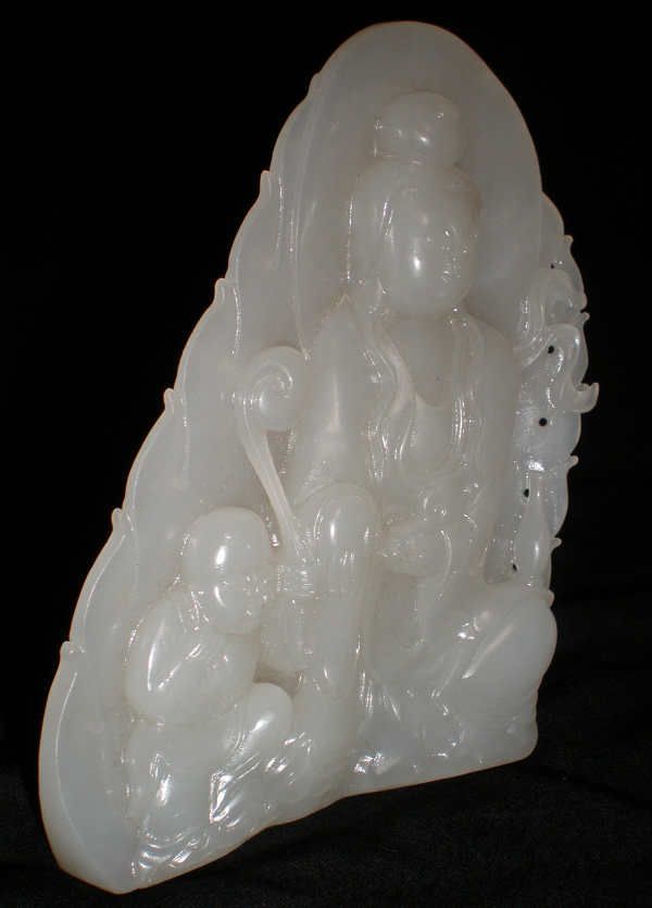 Chinese Hetian Jade Carving Kwan Yin & Kid Statue  