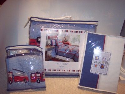 Boys Twin Quilt Sham Sheet Set Firetruck Fire Engine  