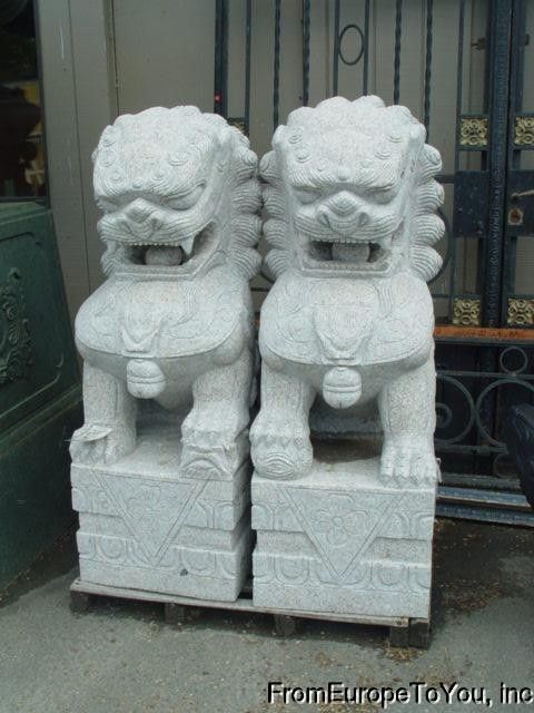 LARGE CARVED GRANITE SITTING FOO DOGS  