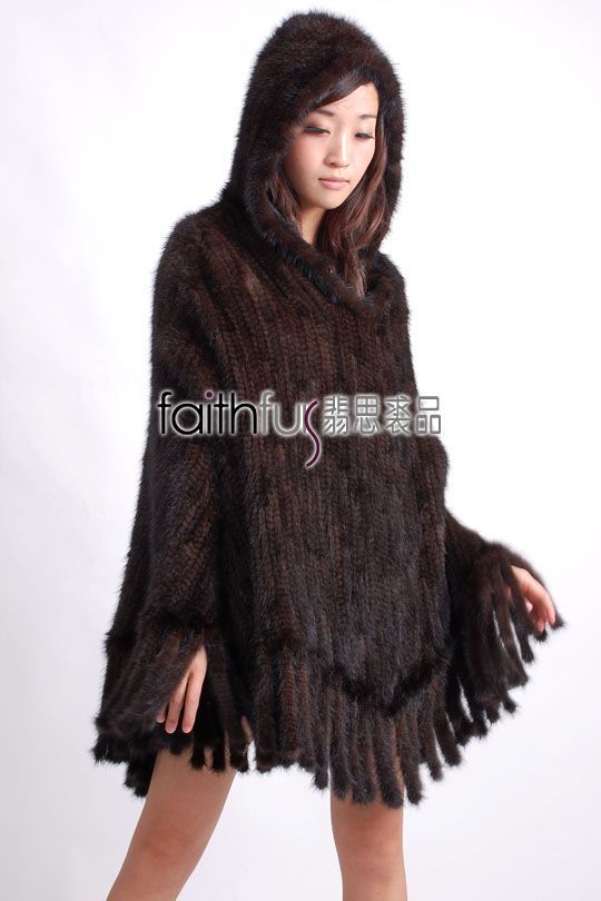 Hooded Mink Fur Knitted Cape/Poncho/Wrap/Shawl/Tippet  