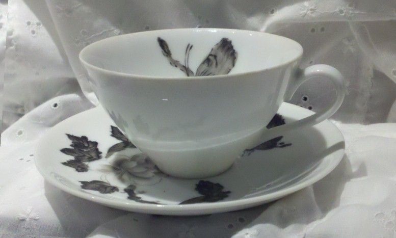 Dorothy C. Thorpe Cup & Saucer California Grey & White  