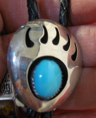 NAVAJO STERLING & TURQUOISE BEAR CLAW DESIGN BOLO TIE  