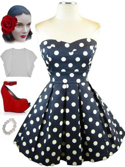 50s Style NAVY w/White POLKA DOTS Sweetheart Bust STRAPLESS PINUP Sun 