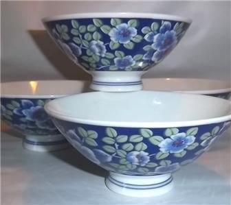 Vintage Porcelain Rice Bowls Blue Apple Blossoms Green Leaf Oval 