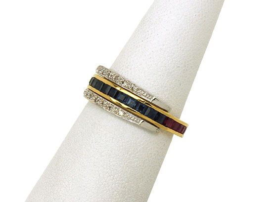 UNIQUE REVERSIBLE 18K GOLD, DIAMONDS & GEMS BAND RING  