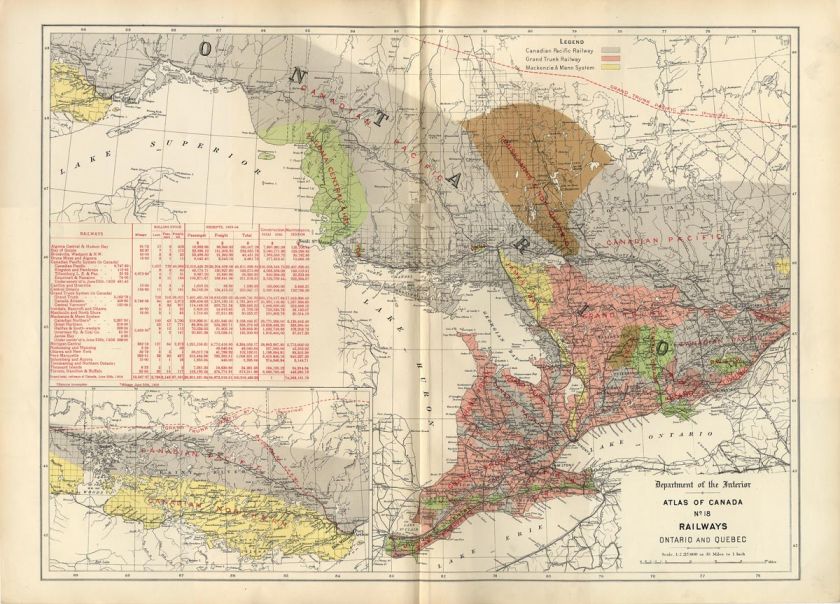 Large Rare 1906 Atlas of Canada Map RAILWAYS in QUEBEC & ONTARIO 