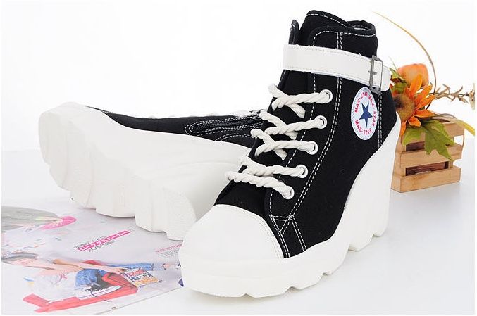 Women Canvas High Heels High Top Sneakers Tennis Shoes Boots Black US 