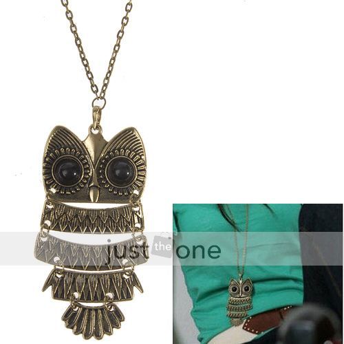   Vintage Bronze Style Metal Chain Necklace w Big Eye Owl Pendant  