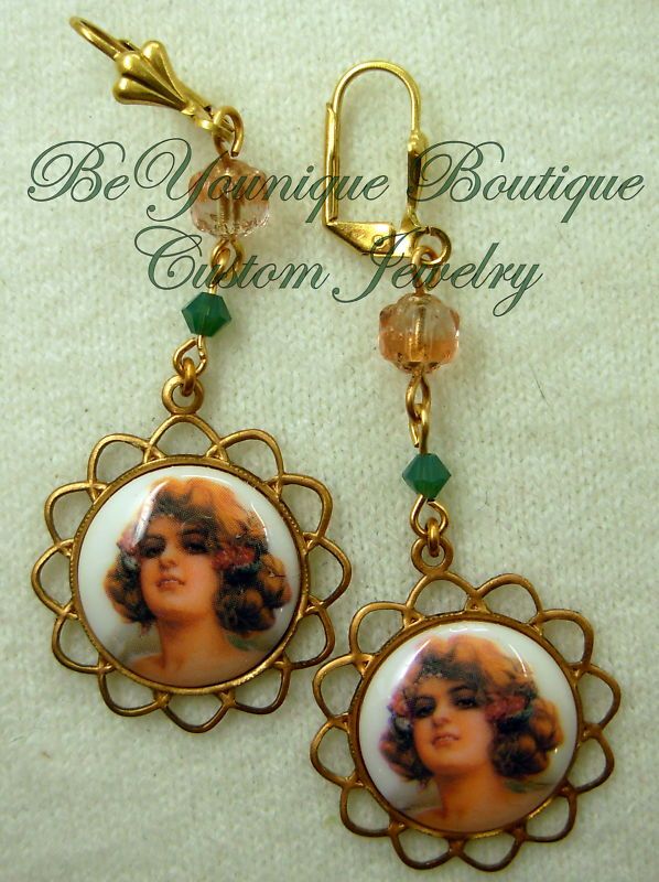 Fancy DECO Blond LADY PROFILE Milk Glass Cameo Earrings  