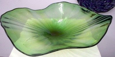 HAND BLOWN GLASS ART WALL PLATTER BOWL GREEN SILVER FOIL #2325 ONEIL 