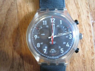 Vintage Mens SWATCH Watch, Clear Plastic with Black Leather Band 