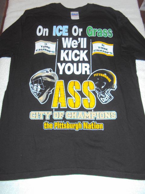 PITTSBURGH On Ice or Grass Well Kick Your Steelers Penguins Black T 