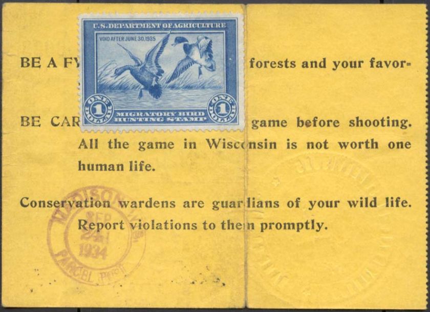 RW1 DUCK USED ON STATE OF WISCONSIN HUNTING LICENSE  