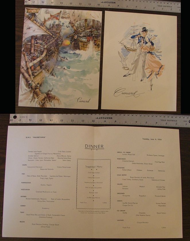 Two Cunard Ocean Liner Menu 1954 & 1962 Cruise Ship  