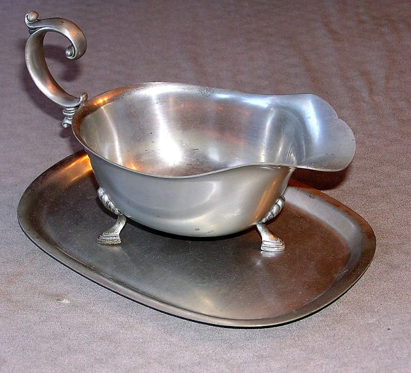   Solid PEWTER Gravy Boat w/ Under Tray Claw Feet by International