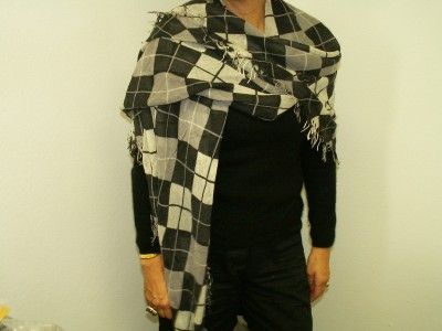   SILK WRAP SCARF~SHAWL~ Silk Rare BLACK/ GRAY/IVORY PLAID Scarf  