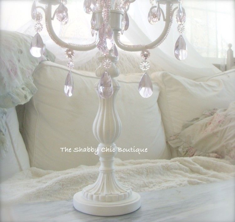Shabby Table Chic Beaded Candelabra Lamp Pink Crystal Prism Antique 