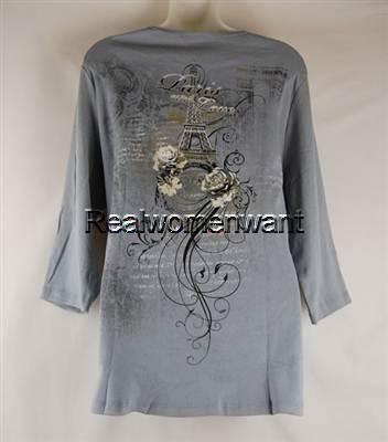 RWW~New Plus Size 1X 3X Gray Paris Love Themed Crystal Casual Artsy 