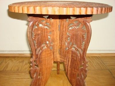 VINTAGE HAND CARVED FLOWERS WOOD PORTABLE ROUND TABLE  